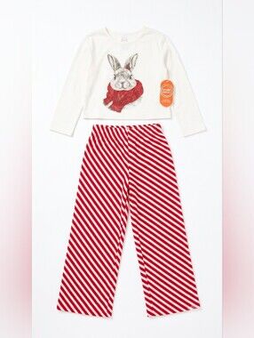 Kids Cream Bunny Scarf Pajama Set with Red Striped Pants